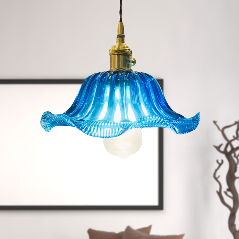 Industrial Scalloped Hanging Ceiling Light 1 Light Blue Glass Pendant Lighting Fixture, 12" Wide Clearhalo 'Ceiling Lights' 'Glass shade' 'Glass' 'Industrial Pendants' 'Industrial' 'Middle Century Pendants' 'Pendant Lights' 'Pendants' 'Tiffany' Lighting' 1416483