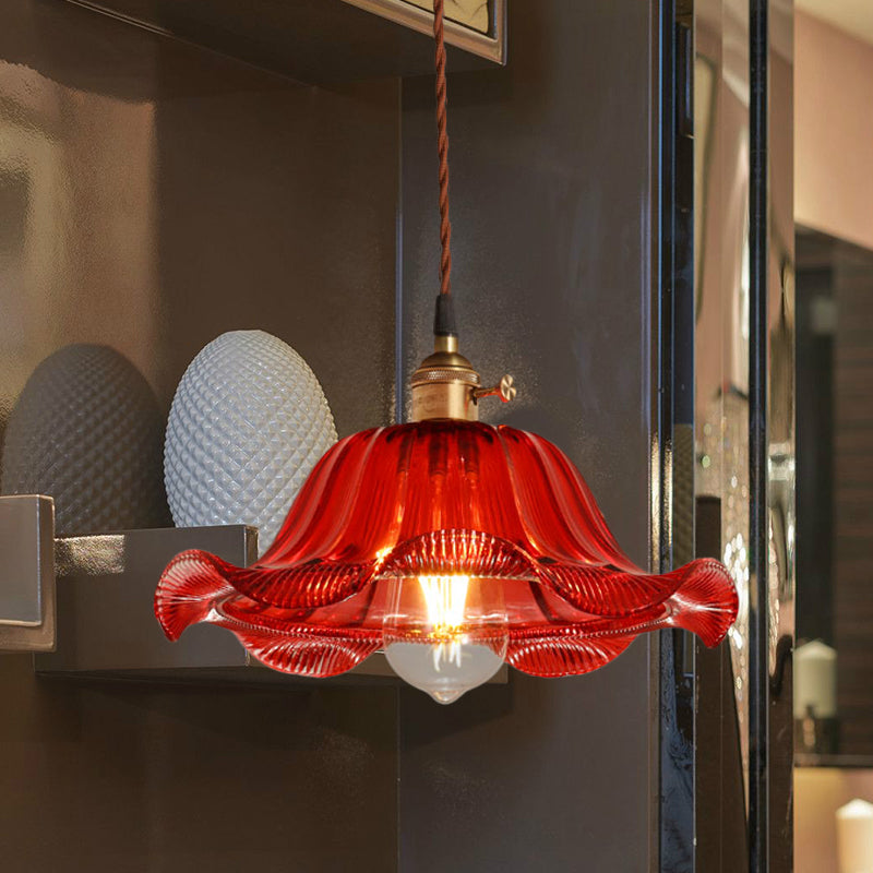 Scalloped Pendant Light Industrial 1 Light 8"/10"/12" Wide Red Glass Hanging Lamp for Living Room Red Clearhalo 'Ceiling Lights' 'Glass shade' 'Glass' 'Industrial Pendants' 'Industrial' 'Middle Century Pendants' 'Pendant Lights' 'Pendants' 'Tiffany' Lighting' 1416484