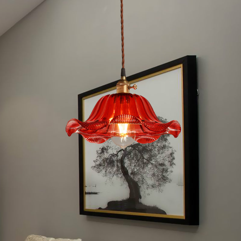 Scalloped Pendant Light Industrial 1 Light 8"/10"/12" Wide Red Glass Hanging Lamp for Living Room Clearhalo 'Ceiling Lights' 'Glass shade' 'Glass' 'Industrial Pendants' 'Industrial' 'Middle Century Pendants' 'Pendant Lights' 'Pendants' 'Tiffany' Lighting' 1416485