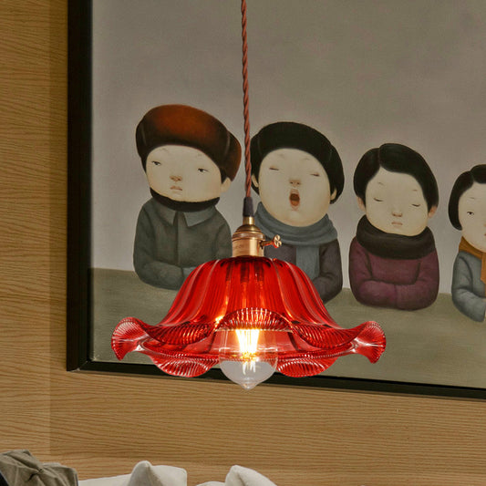 Scalloped Pendant Light Industrial 1 Light 8"/10"/12" Wide Red Glass Hanging Lamp for Living Room Clearhalo 'Ceiling Lights' 'Glass shade' 'Glass' 'Industrial Pendants' 'Industrial' 'Middle Century Pendants' 'Pendant Lights' 'Pendants' 'Tiffany' Lighting' 1416486
