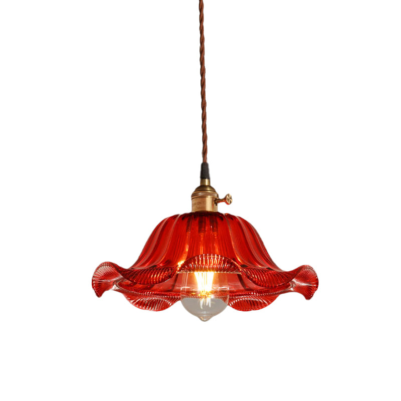 Scalloped Pendant Light Industrial 1 Light 8"/10"/12" Wide Red Glass Hanging Lamp for Living Room Clearhalo 'Ceiling Lights' 'Glass shade' 'Glass' 'Industrial Pendants' 'Industrial' 'Middle Century Pendants' 'Pendant Lights' 'Pendants' 'Tiffany' Lighting' 1416487