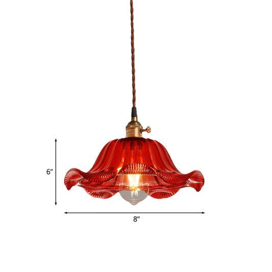 Scalloped Pendant Light Industrial 1 Light 8"/10"/12" Wide Red Glass Hanging Lamp for Living Room Clearhalo 'Ceiling Lights' 'Glass shade' 'Glass' 'Industrial Pendants' 'Industrial' 'Middle Century Pendants' 'Pendant Lights' 'Pendants' 'Tiffany' Lighting' 1416488