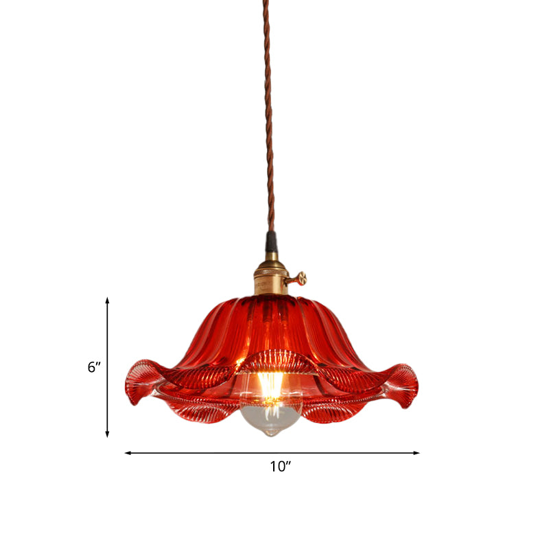 Scalloped Pendant Light Industrial 1 Light 8"/10"/12" Wide Red Glass Hanging Lamp for Living Room Clearhalo 'Ceiling Lights' 'Glass shade' 'Glass' 'Industrial Pendants' 'Industrial' 'Middle Century Pendants' 'Pendant Lights' 'Pendants' 'Tiffany' Lighting' 1416489