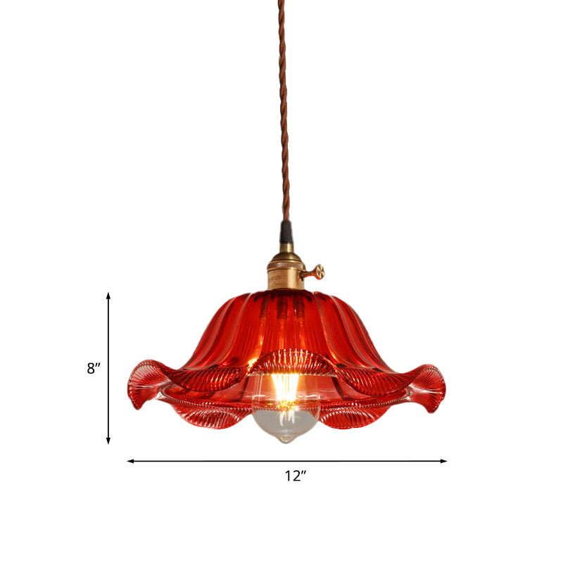 Scalloped Pendant Light Industrial 1 Light 8"/10"/12" Wide Red Glass Hanging Lamp for Living Room Clearhalo 'Ceiling Lights' 'Glass shade' 'Glass' 'Industrial Pendants' 'Industrial' 'Middle Century Pendants' 'Pendant Lights' 'Pendants' 'Tiffany' Lighting' 1416490