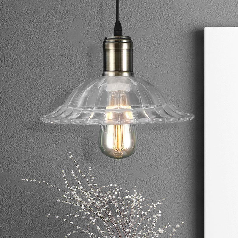 1 Light Hanging Ceiling Light with Scalloped Shade Ribbed Glass Industrial Living Room Pendant Lighting in Clear Clearhalo 'Ceiling Lights' 'Glass shade' 'Glass' 'Industrial Pendants' 'Industrial' 'Middle Century Pendants' 'Pendant Lights' 'Pendants' 'Tiffany' Lighting' 1416491