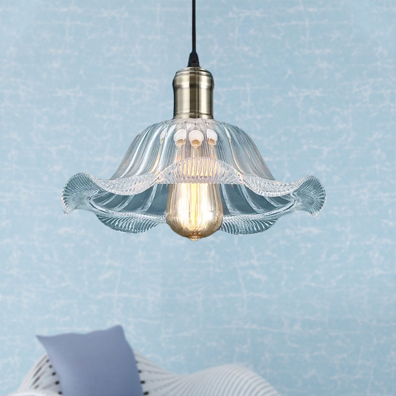 1 Light Bowl Pendant Lighting Fixture Industrial Brass Clear Glass Hanging Ceiling Light with Wavy Edge, 8"/10"/12" Wide Clearhalo 'Ceiling Lights' 'Glass shade' 'Glass' 'Industrial Pendants' 'Industrial' 'Middle Century Pendants' 'Pendant Lights' 'Pendants' 'Tiffany' Lighting' 1416492