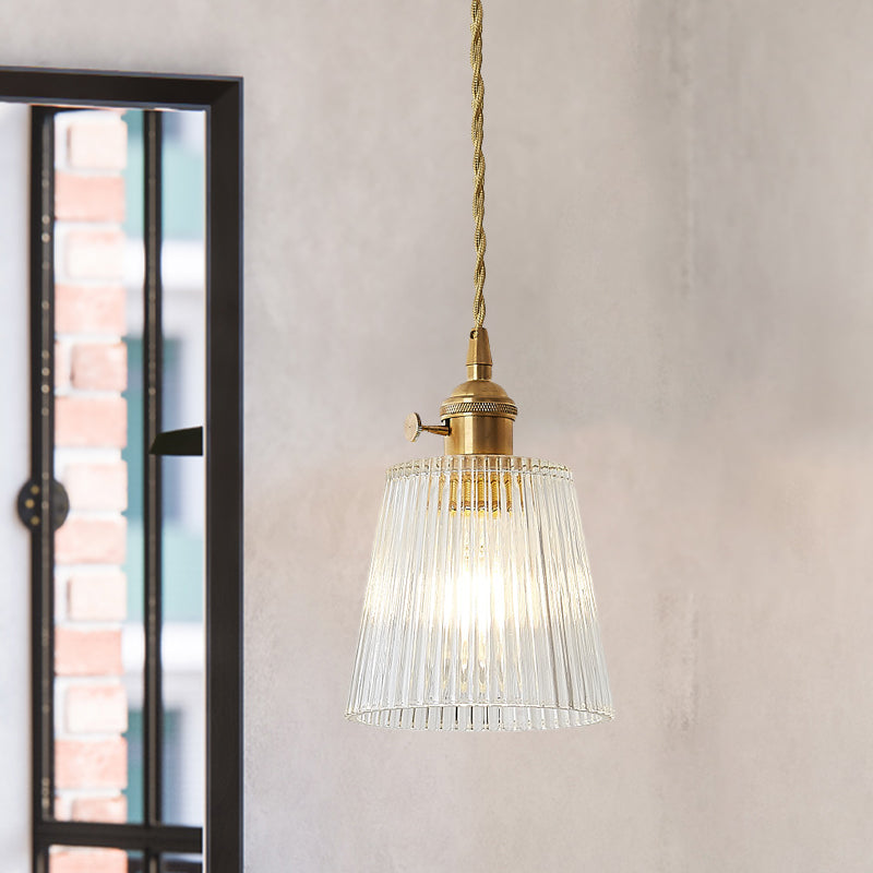 Contemporary Cone Hanging Ceiling Light 1 Light Ribbed Glass Pendant Lighting in Brass Clear A Clearhalo 'Ceiling Lights' 'Glass shade' 'Glass' 'Industrial Pendants' 'Industrial' 'Middle Century Pendants' 'Pendant Lights' 'Pendants' 'Tiffany' Lighting' 1416502