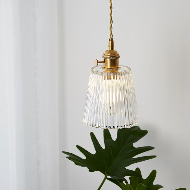 Contemporary Cone Hanging Ceiling Light 1 Light Ribbed Glass Pendant Lighting in Brass Clearhalo 'Ceiling Lights' 'Glass shade' 'Glass' 'Industrial Pendants' 'Industrial' 'Middle Century Pendants' 'Pendant Lights' 'Pendants' 'Tiffany' Lighting' 1416503
