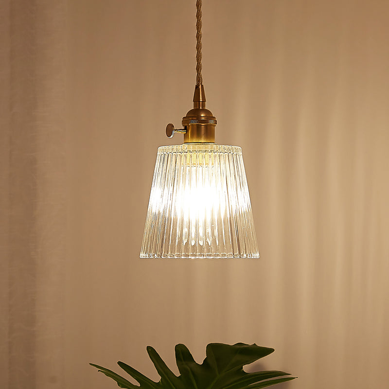 Contemporary Cone Hanging Ceiling Light 1 Light Ribbed Glass Pendant Lighting in Brass Clearhalo 'Ceiling Lights' 'Glass shade' 'Glass' 'Industrial Pendants' 'Industrial' 'Middle Century Pendants' 'Pendant Lights' 'Pendants' 'Tiffany' Lighting' 1416504