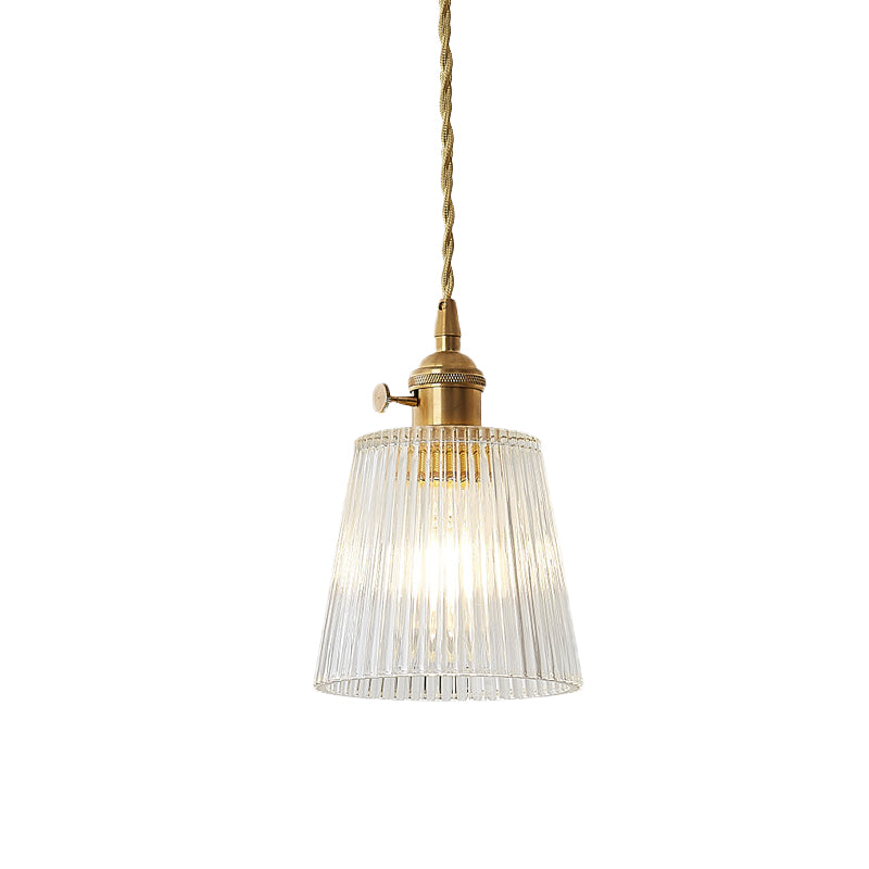 Contemporary Cone Hanging Ceiling Light 1 Light Ribbed Glass Pendant Lighting in Brass Clearhalo 'Ceiling Lights' 'Glass shade' 'Glass' 'Industrial Pendants' 'Industrial' 'Middle Century Pendants' 'Pendant Lights' 'Pendants' 'Tiffany' Lighting' 1416505
