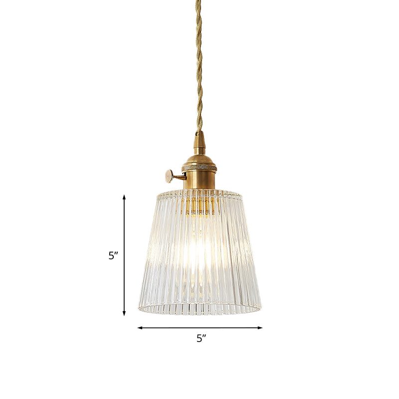 Contemporary Cone Hanging Ceiling Light 1 Light Ribbed Glass Pendant Lighting in Brass Clearhalo 'Ceiling Lights' 'Glass shade' 'Glass' 'Industrial Pendants' 'Industrial' 'Middle Century Pendants' 'Pendant Lights' 'Pendants' 'Tiffany' Lighting' 1416506