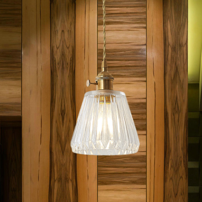 Contemporary Cone Hanging Ceiling Light 1 Light Ribbed Glass Pendant Lighting in Brass Clear B Clearhalo 'Ceiling Lights' 'Glass shade' 'Glass' 'Industrial Pendants' 'Industrial' 'Middle Century Pendants' 'Pendant Lights' 'Pendants' 'Tiffany' Lighting' 1416507