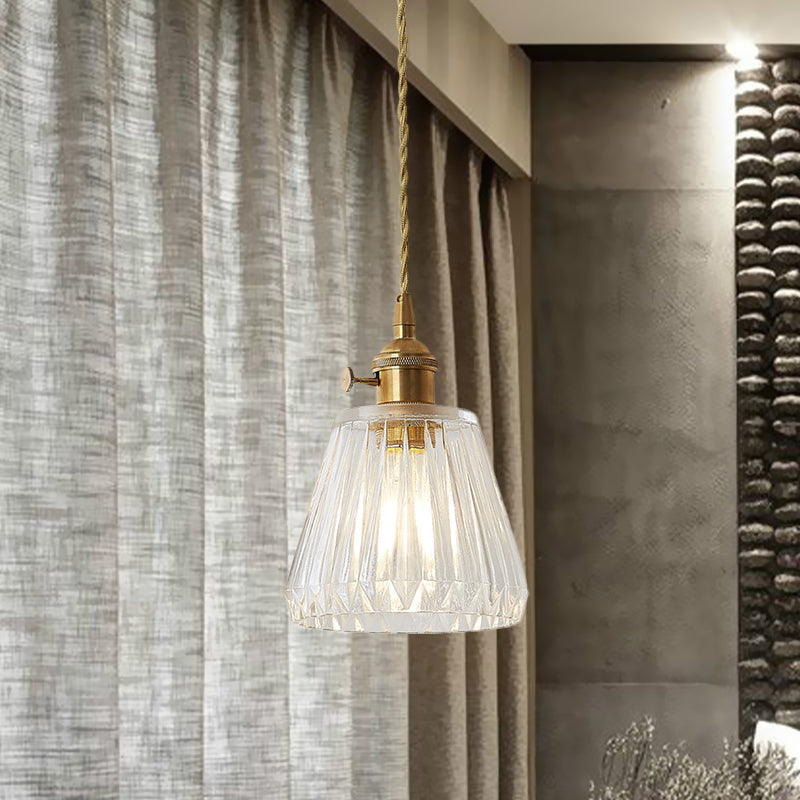 Contemporary Cone Hanging Ceiling Light 1 Light Ribbed Glass Pendant Lighting in Brass Clearhalo 'Ceiling Lights' 'Glass shade' 'Glass' 'Industrial Pendants' 'Industrial' 'Middle Century Pendants' 'Pendant Lights' 'Pendants' 'Tiffany' Lighting' 1416509