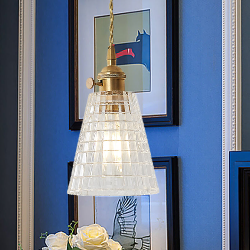 1-Light Pendant Lighting Modern Flared Clear Glass Hanging Ceiling Light in Brass Clear A Clearhalo 'Ceiling Lights' 'Glass shade' 'Glass' 'Industrial Pendants' 'Industrial' 'Middle Century Pendants' 'Pendant Lights' 'Pendants' 'Tiffany' Lighting' 1416517