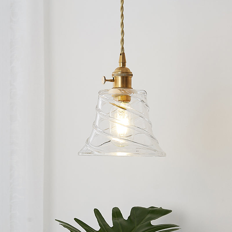 One Light Ceiling Light Modern Bell Shaped Clear Glass Pendant Lighting Fixture with Flower/Spiral Design Clearhalo 'Ceiling Lights' 'Glass shade' 'Glass' 'Industrial Pendants' 'Industrial' 'Middle Century Pendants' 'Pendant Lights' 'Pendants' 'Tiffany' Lighting' 1416524