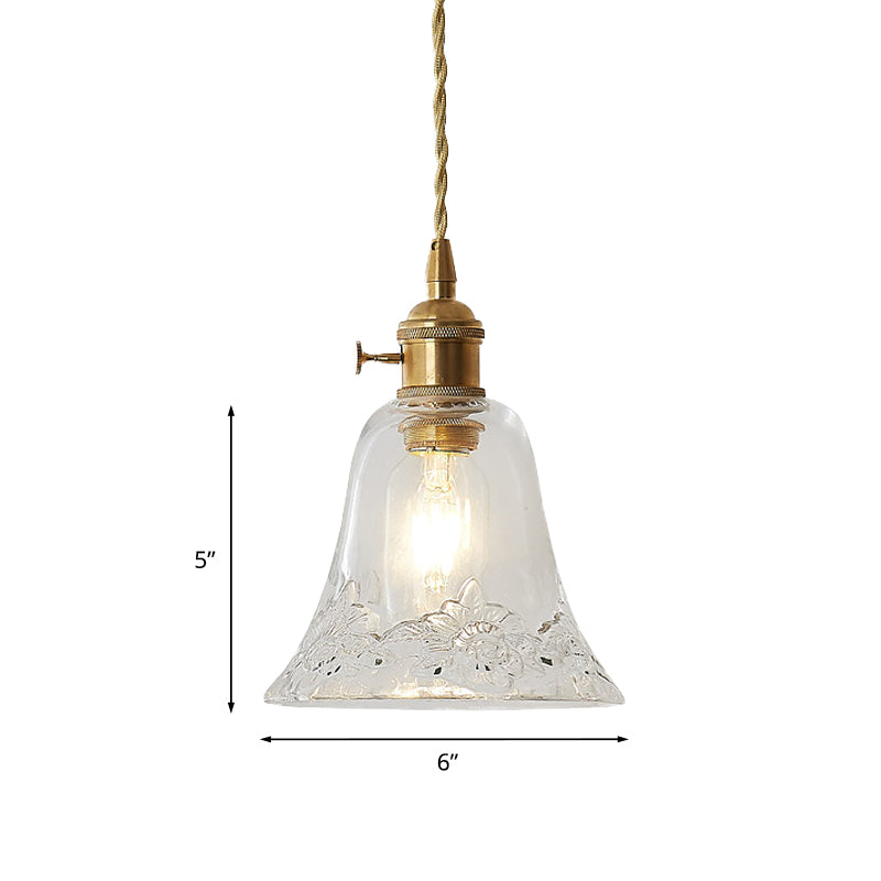 One Light Ceiling Light Modern Bell Shaped Clear Glass Pendant Lighting Fixture with Flower/Spiral Design Clearhalo 'Ceiling Lights' 'Glass shade' 'Glass' 'Industrial Pendants' 'Industrial' 'Middle Century Pendants' 'Pendant Lights' 'Pendants' 'Tiffany' Lighting' 1416531