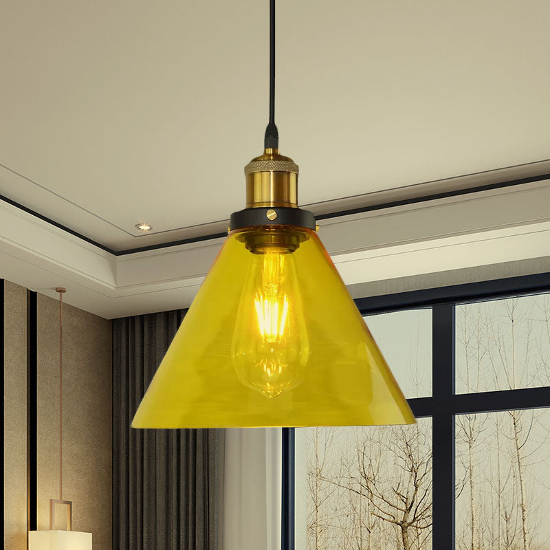 1 Light Hanging Ceiling Light with Cone Yellow Glass Industrial Living Room Pendant Lighting Clearhalo 'Ceiling Lights' 'Glass shade' 'Glass' 'Industrial Pendants' 'Industrial' 'Middle Century Pendants' 'Pendant Lights' 'Pendants' 'Tiffany' Lighting' 1416532