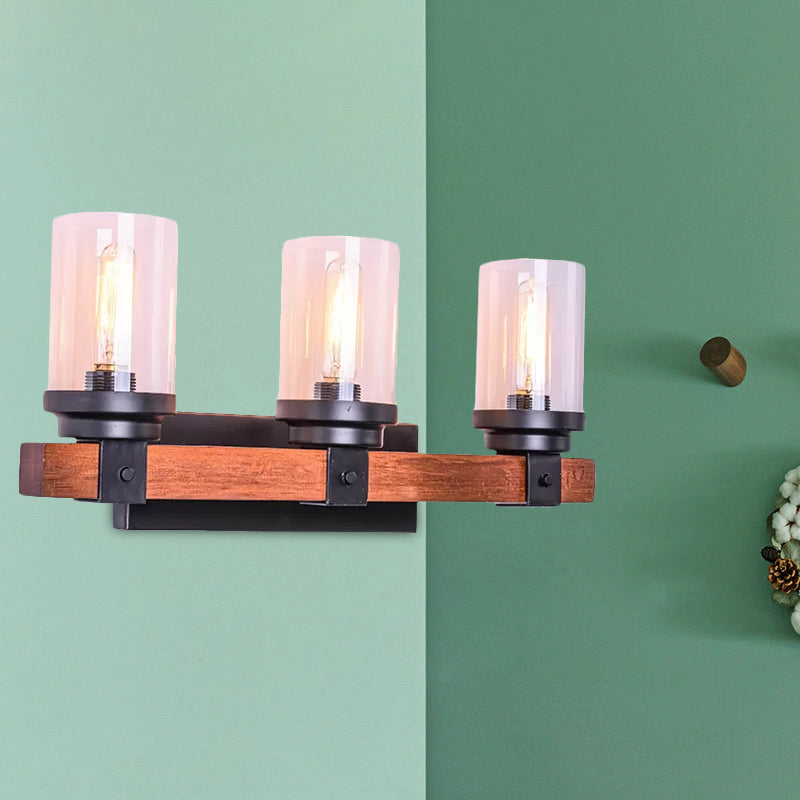 3-Bulb Wall Light with Cylinder Shade Clear Glass Traditional Living Room Sconce Lighting Fixture in Brown Clearhalo 'Industrial wall lights' 'Industrial' 'Middle century wall lights' 'Rustic wall lights' 'Tiffany' 'Wall Lamps & Sconces' 'Wall Lights' Lighting' 1416542