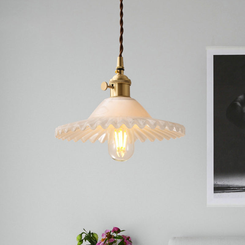 One Light Scalloped Pendant Lighting Fixture Industrial Brass White Glass Hanging Ceiling Light White Clearhalo 'Ceiling Lights' 'Glass shade' 'Glass' 'Industrial Pendants' 'Industrial' 'Middle Century Pendants' 'Pendant Lights' 'Pendants' 'Tiffany' Lighting' 1416644