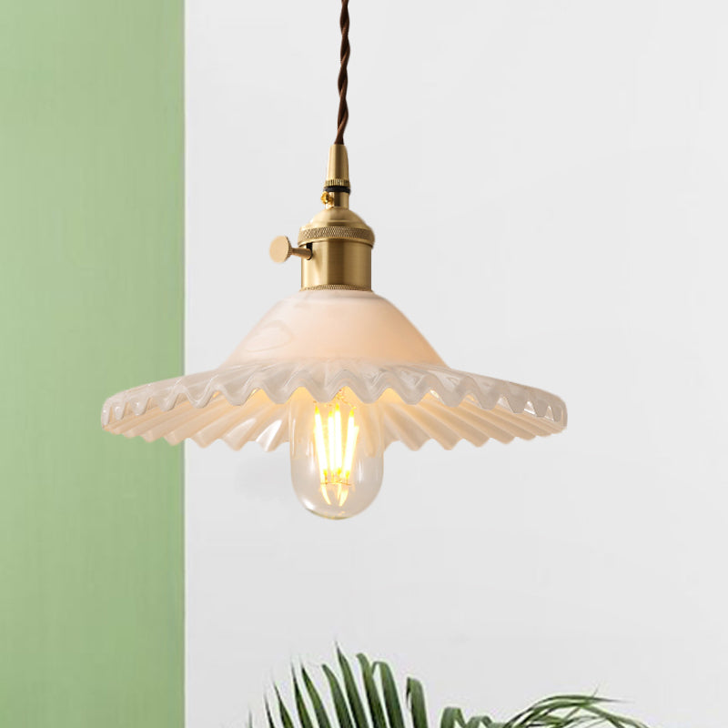 One Light Scalloped Pendant Lighting Fixture Industrial Brass White Glass Hanging Ceiling Light Clearhalo 'Ceiling Lights' 'Glass shade' 'Glass' 'Industrial Pendants' 'Industrial' 'Middle Century Pendants' 'Pendant Lights' 'Pendants' 'Tiffany' Lighting' 1416645