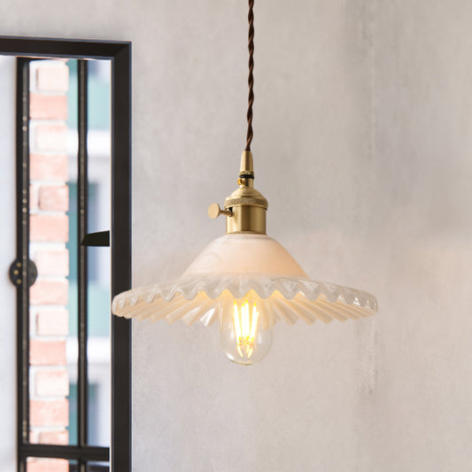 One Light Scalloped Pendant Lighting Fixture Industrial Brass White Glass Hanging Ceiling Light Clearhalo 'Ceiling Lights' 'Glass shade' 'Glass' 'Industrial Pendants' 'Industrial' 'Middle Century Pendants' 'Pendant Lights' 'Pendants' 'Tiffany' Lighting' 1416646