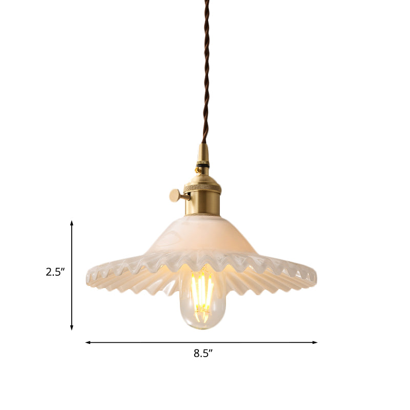 One Light Scalloped Pendant Lighting Fixture Industrial Brass White Glass Hanging Ceiling Light Clearhalo 'Ceiling Lights' 'Glass shade' 'Glass' 'Industrial Pendants' 'Industrial' 'Middle Century Pendants' 'Pendant Lights' 'Pendants' 'Tiffany' Lighting' 1416648
