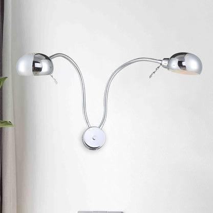 Double Domed Metal Wall Sconce Industrial Style 2 Lights Bedroom Wall Light Fixture with Flexible Arm in Black/Chrome Chrome Clearhalo 'Art deco wall lights' 'Cast Iron' 'Glass' 'Industrial wall lights' 'Industrial' 'Middle century wall lights' 'Modern' 'Rustic wall lights' 'Tiffany' 'Traditional wall lights' 'Wall Lamps & Sconces' 'Wall Lights' Lighting' 1416684