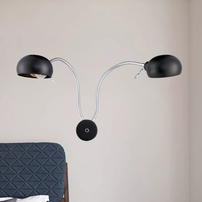 Double Domed Metal Wall Sconce Industrial Style 2 Lights Bedroom Wall Light Fixture with Flexible Arm in Black/Chrome Black Clearhalo 'Art deco wall lights' 'Cast Iron' 'Glass' 'Industrial wall lights' 'Industrial' 'Middle century wall lights' 'Modern' 'Rustic wall lights' 'Tiffany' 'Traditional wall lights' 'Wall Lamps & Sconces' 'Wall Lights' Lighting' 1416689