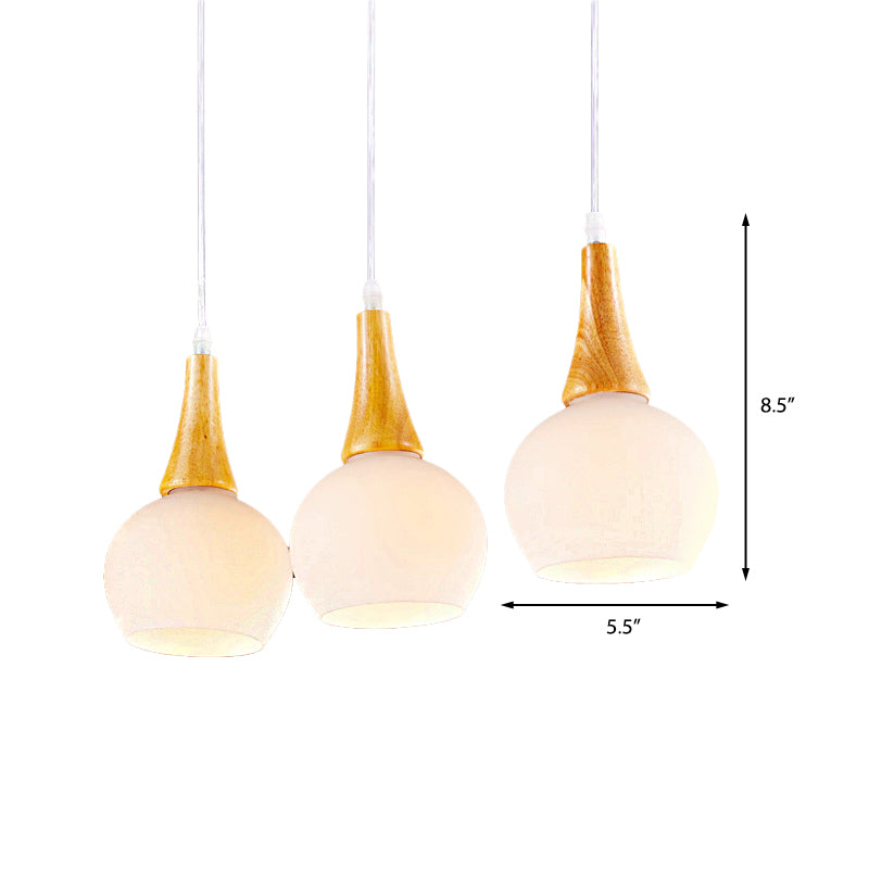 3 Heads Global Pendant Lamp Modernist White Glass and Wood Ceiling Light Fixture for Dining Table Clearhalo 'Ceiling Lights' 'Close To Ceiling Lights' 'Glass shade' 'Glass' 'Modern Pendants' 'Modern' 'Pendant Lights' 'Pendants' Lighting' 141669