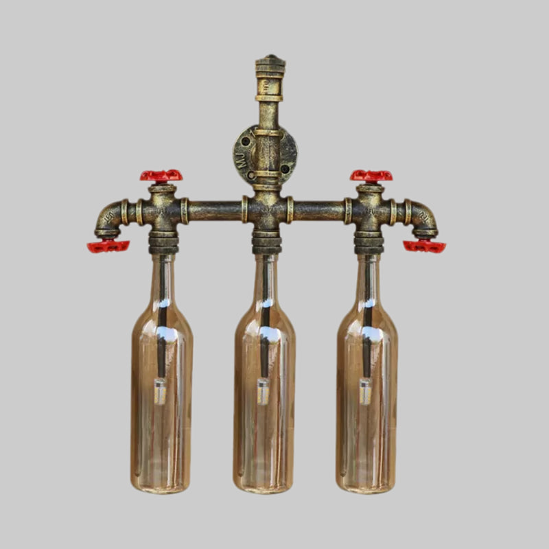 Wrought Iron Bottle Wall Light Antique 3 Lights Living Room Blue/Clear Wall Mounted Lamp with Aged Brass Pipe Clearhalo 'Cast Iron' 'Glass' 'Industrial wall lights' 'Industrial' 'Middle century wall lights' 'Modern' 'Tiffany' 'Traditional wall lights' 'Wall Lamps & Sconces' 'Wall Lights' Lighting' 1416699