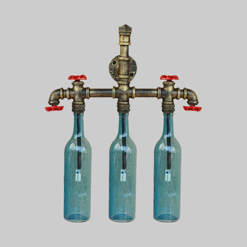 Wrought Iron Bottle Wall Light Antique 3 Lights Living Room Blue/Clear Wall Mounted Lamp with Aged Brass Pipe Clearhalo 'Cast Iron' 'Glass' 'Industrial wall lights' 'Industrial' 'Middle century wall lights' 'Modern' 'Tiffany' 'Traditional wall lights' 'Wall Lamps & Sconces' 'Wall Lights' Lighting' 1416701