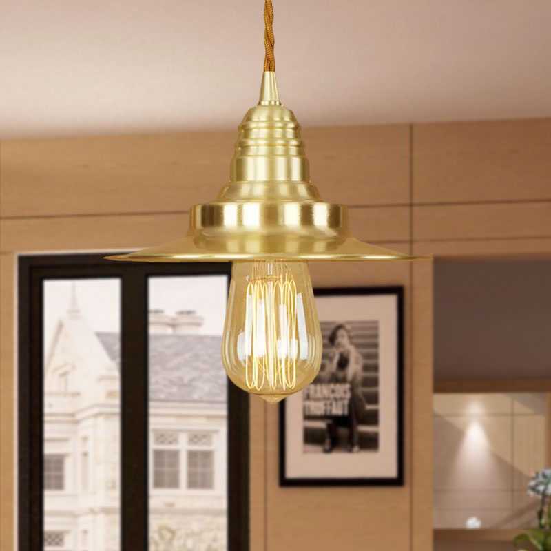 Metal Brass Finish Hanging Pendant Light Flat Shade 1 Light Retro Style Ceiling Light Fixture over Table Clearhalo 'Art Deco Pendants' 'Cast Iron' 'Ceiling Lights' 'Ceramic' 'Crystal' 'Industrial Pendants' 'Industrial' 'Metal' 'Middle Century Pendants' 'Pendant Lights' 'Pendants' 'Tiffany' Lighting' 1416723