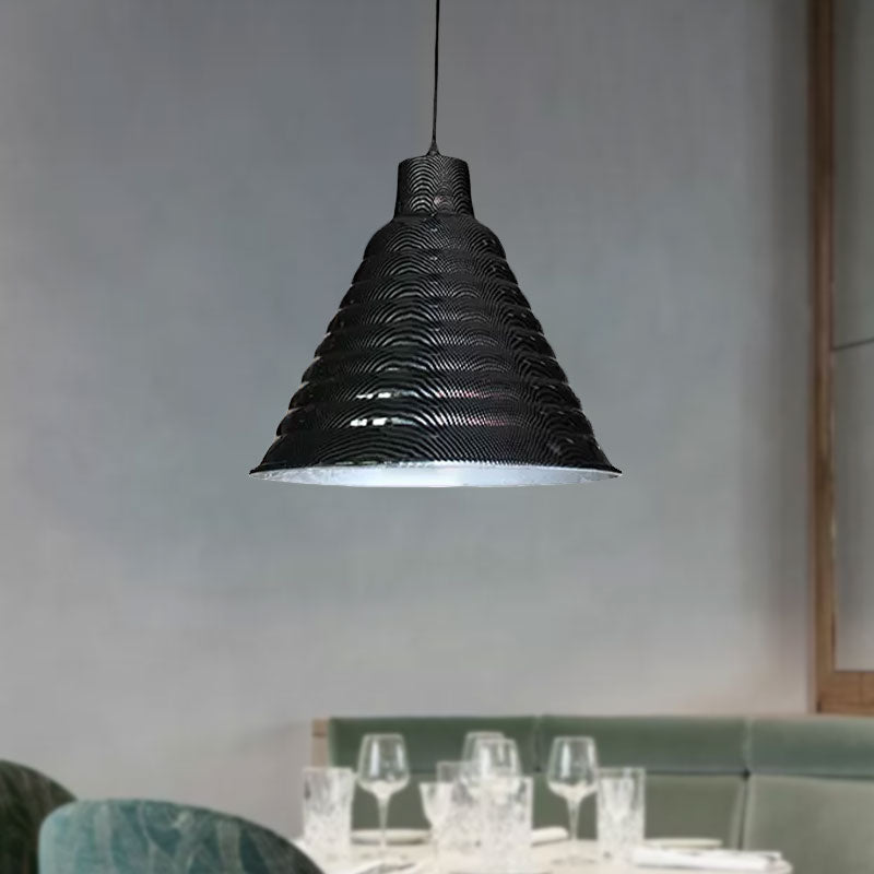 Ribbed Tapered Shade Metal Hanging Light Industrial Style 1 Light Restaurant Pendant Lighting in Black Clearhalo 'Art Deco Pendants' 'Black' 'Cast Iron' 'Ceiling Lights' 'Ceramic' 'Crystal' 'Industrial Pendants' 'Industrial' 'Metal' 'Middle Century Pendants' 'Pendant Lights' 'Pendants' 'Rustic Pendants' 'Tiffany' Lighting' 1416732