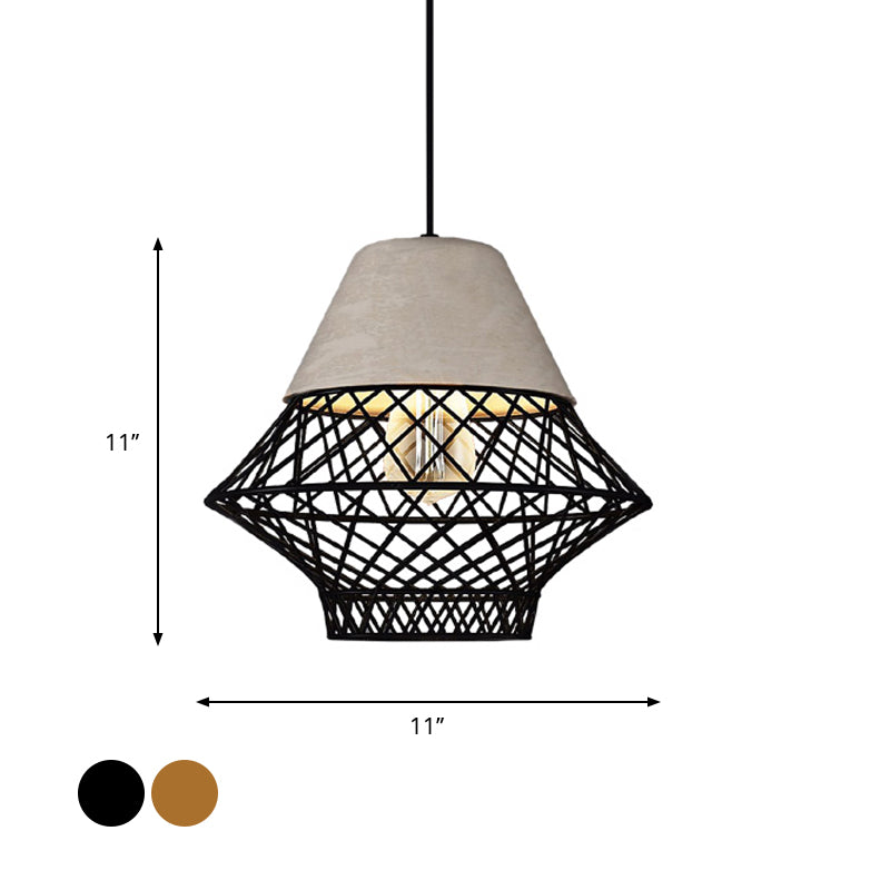 1 Bulb Geometric Pendant Light Fixture with Cage Shade Vintage Black/Gold Cement Suspension Light for Dining Room, 11"/13" Width Clearhalo 'Ceiling Lights' 'Modern Pendants' 'Modern' 'Pendant Lights' 'Pendants' Lighting' 1416972