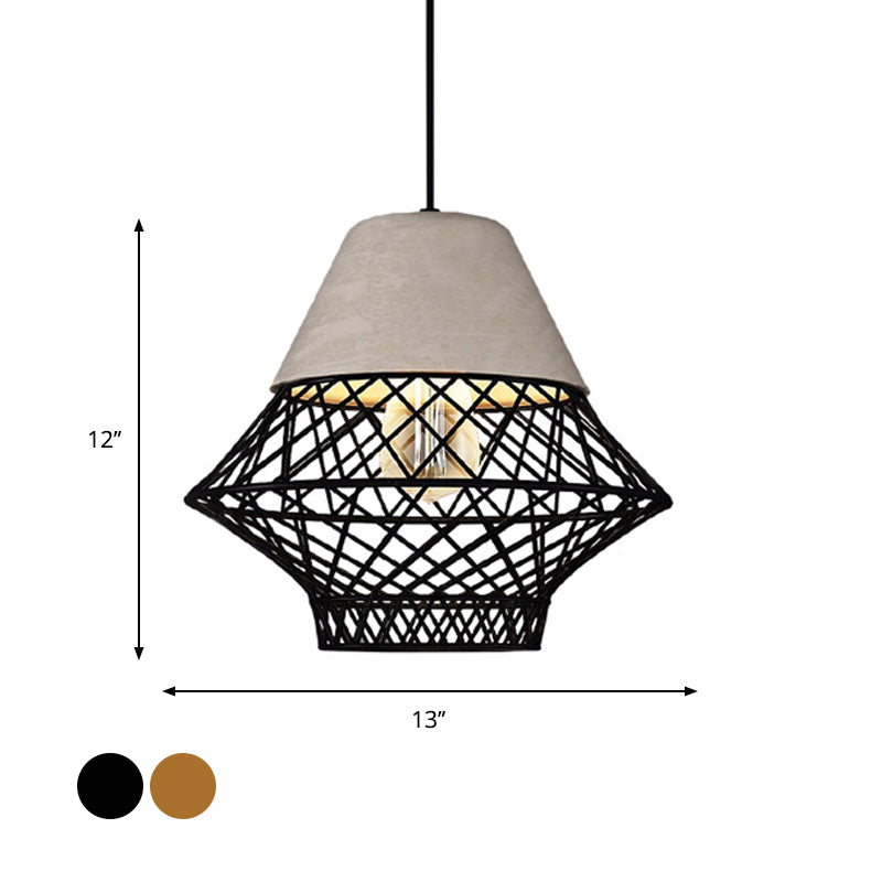 1 Bulb Geometric Pendant Light Fixture with Cage Shade Vintage Black/Gold Cement Suspension Light for Dining Room, 11"/13" Width Clearhalo 'Ceiling Lights' 'Modern Pendants' 'Modern' 'Pendant Lights' 'Pendants' Lighting' 1416973