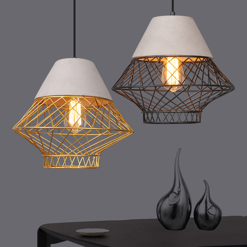 1 Bulb Geometric Pendant Light Fixture with Cage Shade Vintage Black/Gold Cement Suspension Light for Dining Room, 11"/13" Width Gold Clearhalo 'Ceiling Lights' 'Modern Pendants' 'Modern' 'Pendant Lights' 'Pendants' Lighting' 1416974