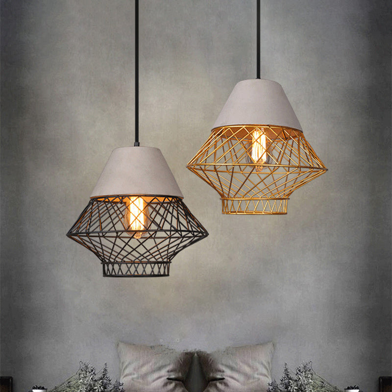 1 Bulb Geometric Pendant Light Fixture with Cage Shade Vintage Black/Gold Cement Suspension Light for Dining Room, 11"/13" Width Clearhalo 'Ceiling Lights' 'Modern Pendants' 'Modern' 'Pendant Lights' 'Pendants' Lighting' 1416975