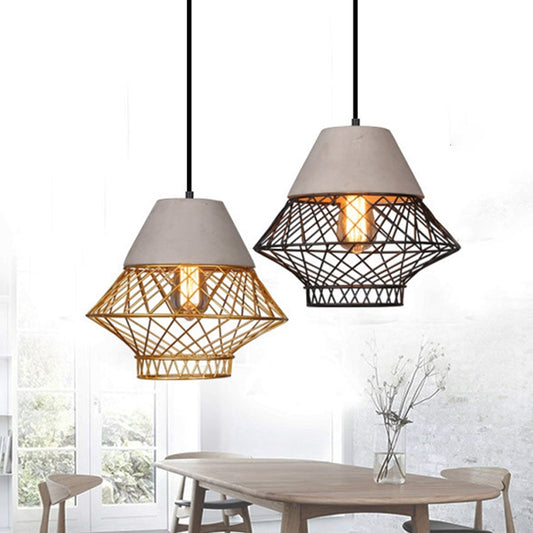 1 Bulb Geometric Pendant Light Fixture with Cage Shade Vintage Black/Gold Cement Suspension Light for Dining Room, 11"/13" Width Clearhalo 'Ceiling Lights' 'Modern Pendants' 'Modern' 'Pendant Lights' 'Pendants' Lighting' 1416976
