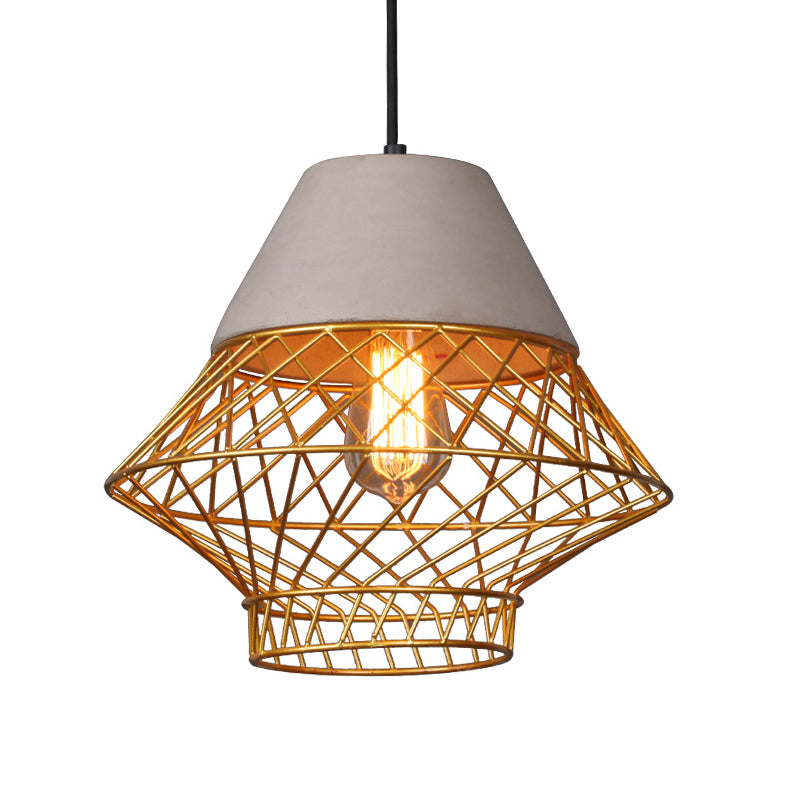 1 Bulb Geometric Pendant Light Fixture with Cage Shade Vintage Black/Gold Cement Suspension Light for Dining Room, 11"/13" Width Clearhalo 'Ceiling Lights' 'Modern Pendants' 'Modern' 'Pendant Lights' 'Pendants' Lighting' 1416977
