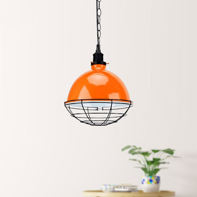 Bowl Shade Indoor Pendant Light Retro Industrial Metal 1 Bulb Black/White/Red Ceiling Light with Wire Guard and Chain Orange Clearhalo 'Art Deco Pendants' 'Black' 'Cast Iron' 'Ceiling Lights' 'Ceramic' 'Crystal' 'Industrial Pendants' 'Industrial' 'Metal' 'Middle Century Pendants' 'Pendant Lights' 'Pendants' 'Rustic Pendants' 'Tiffany' Lighting' 1417023