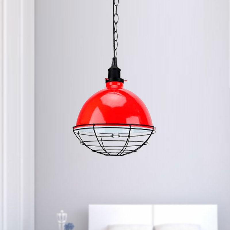 Bowl Shade Indoor Pendant Light Retro Industrial Metal 1 Bulb Black/White/Red Ceiling Light with Wire Guard and Chain Clearhalo 'Art Deco Pendants' 'Black' 'Cast Iron' 'Ceiling Lights' 'Ceramic' 'Crystal' 'Industrial Pendants' 'Industrial' 'Metal' 'Middle Century Pendants' 'Pendant Lights' 'Pendants' 'Rustic Pendants' 'Tiffany' Lighting' 1417026