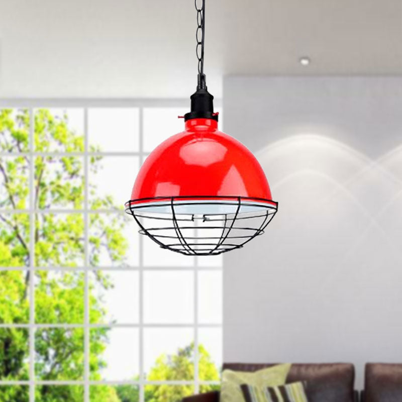 Bowl Shade Indoor Pendant Light Retro Industrial Metal 1 Bulb Black/White/Red Ceiling Light with Wire Guard and Chain Clearhalo 'Art Deco Pendants' 'Black' 'Cast Iron' 'Ceiling Lights' 'Ceramic' 'Crystal' 'Industrial Pendants' 'Industrial' 'Metal' 'Middle Century Pendants' 'Pendant Lights' 'Pendants' 'Rustic Pendants' 'Tiffany' Lighting' 1417027