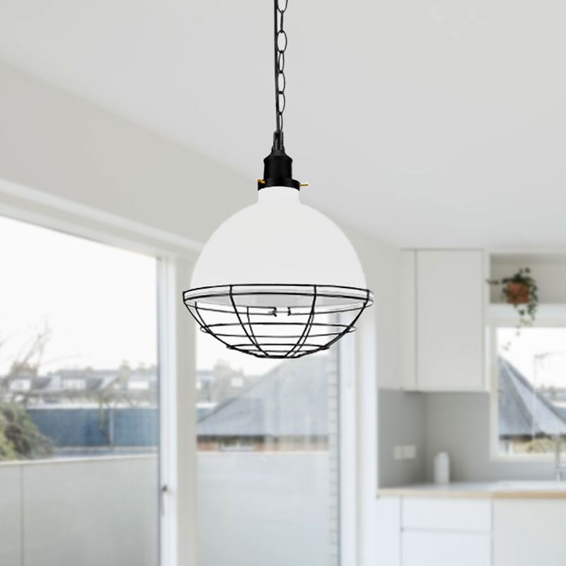 Bowl Shade Indoor Pendant Light Retro Industrial Metal 1 Bulb Black/White/Red Ceiling Light with Wire Guard and Chain Clearhalo 'Art Deco Pendants' 'Black' 'Cast Iron' 'Ceiling Lights' 'Ceramic' 'Crystal' 'Industrial Pendants' 'Industrial' 'Metal' 'Middle Century Pendants' 'Pendant Lights' 'Pendants' 'Rustic Pendants' 'Tiffany' Lighting' 1417030