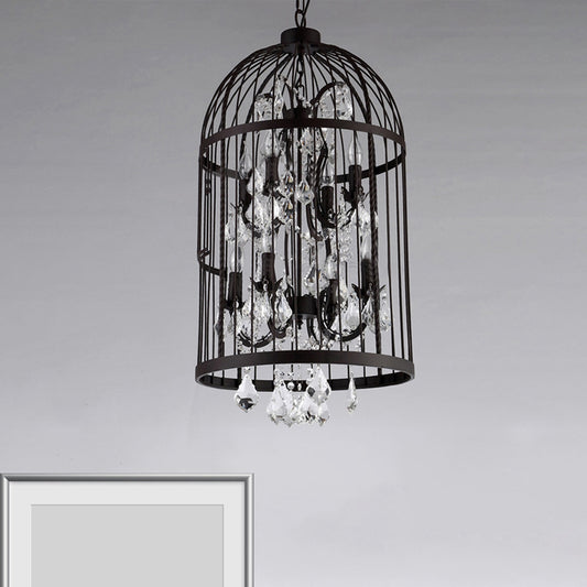 Multi Light Birdcage Hanging Light Vintage Industrial Black Metal Pendant Light with Clear Crystal Deco Black Clearhalo 'Cast Iron' 'Ceiling Lights' 'Chandeliers' 'Industrial Chandeliers' 'Industrial' 'Metal' 'Middle Century Chandeliers' 'Rustic Chandeliers' 'Tiffany' Lighting' 1417036