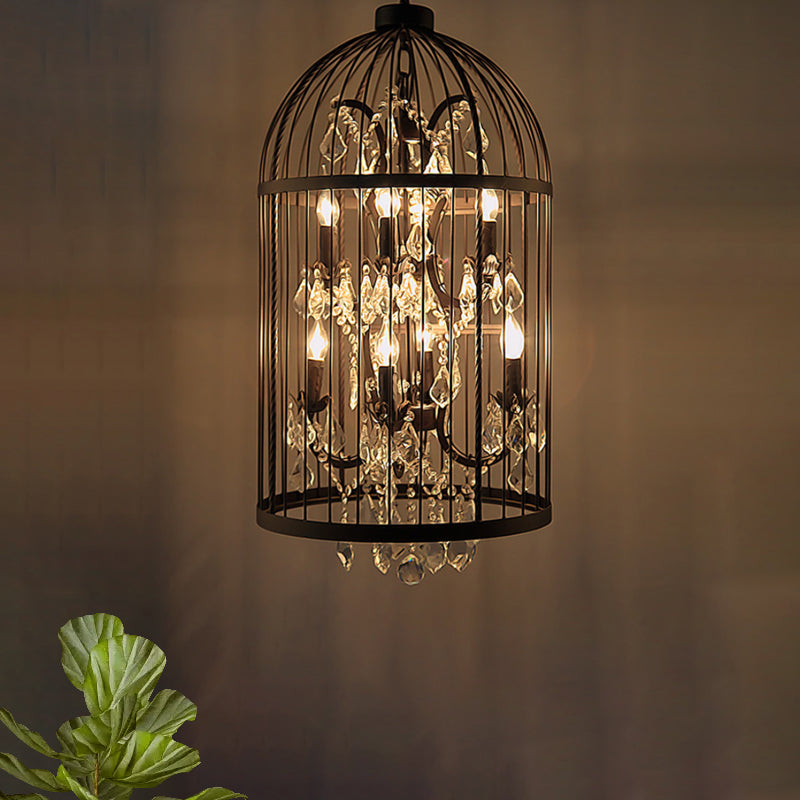 Multi Light Birdcage Hanging Light Vintage Industrial Black Metal Pendant Light with Clear Crystal Deco Clearhalo 'Cast Iron' 'Ceiling Lights' 'Chandeliers' 'Industrial Chandeliers' 'Industrial' 'Metal' 'Middle Century Chandeliers' 'Rustic Chandeliers' 'Tiffany' Lighting' 1417037