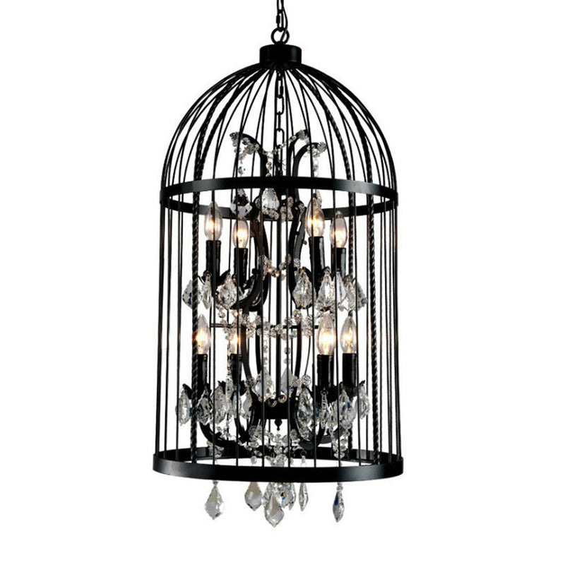 Multi Light Birdcage Hanging Light Vintage Industrial Black Metal Pendant Light with Clear Crystal Deco Clearhalo 'Cast Iron' 'Ceiling Lights' 'Chandeliers' 'Industrial Chandeliers' 'Industrial' 'Metal' 'Middle Century Chandeliers' 'Rustic Chandeliers' 'Tiffany' Lighting' 1417038