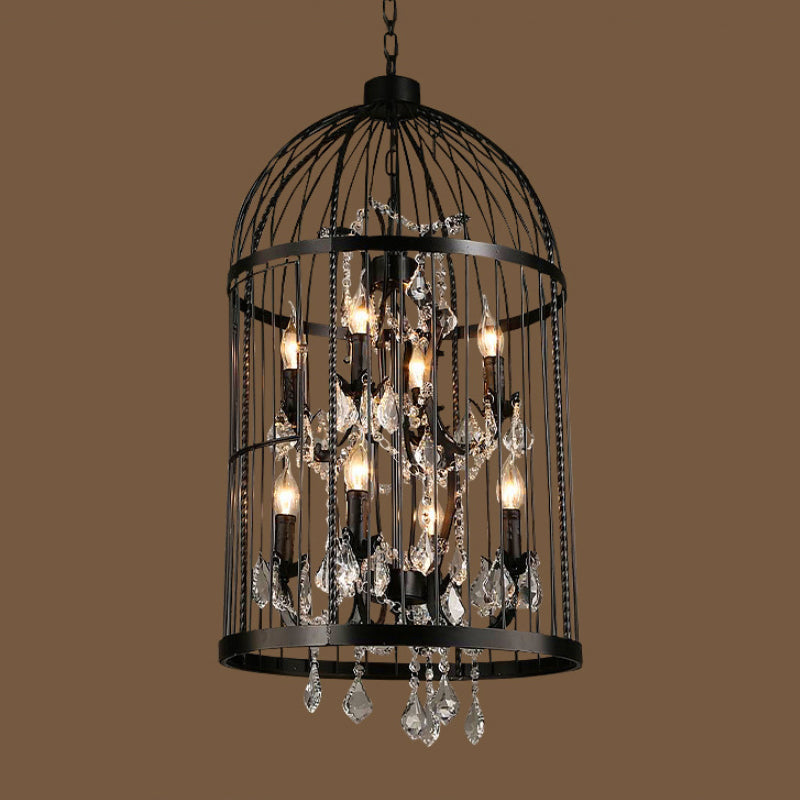 Multi Light Birdcage Hanging Light Vintage Industrial Black Metal Pendant Light with Clear Crystal Deco Clearhalo 'Cast Iron' 'Ceiling Lights' 'Chandeliers' 'Industrial Chandeliers' 'Industrial' 'Metal' 'Middle Century Chandeliers' 'Rustic Chandeliers' 'Tiffany' Lighting' 1417039
