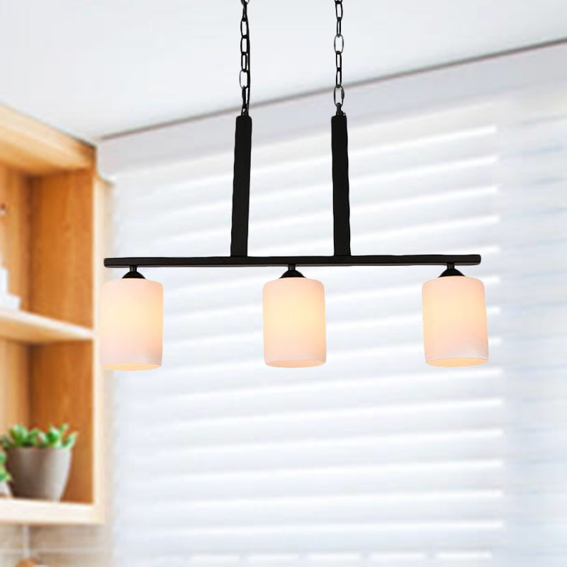 3-Bulb White Glass Island Lamp Industrial Black Cylinder Shade Dining Room Pendant Lighting Clearhalo 'Ceiling Lights' 'Chandeliers' 'Glass shade' 'Glass' 'Island Lights' Lighting' 1417138