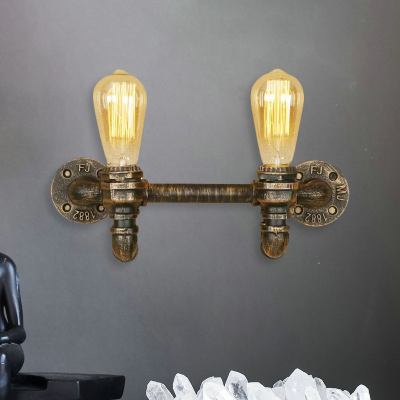 Aged Brass 2 Lights Wall Sconce Light Rustic Industrial Wrought Iron Exposed Wall Mount Light Clearhalo 'Art deco wall lights' 'Cast Iron' 'Glass' 'Industrial wall lights' 'Industrial' 'Middle century wall lights' 'Modern' 'Rustic wall lights' 'Tiffany' 'Traditional wall lights' 'Wall Lamps & Sconces' 'Wall Lights' Lighting' 1417143