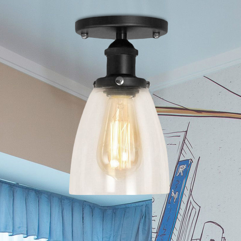 Cone Clear Glass Semi Flush Industrial 1 Bulb Living Room Light Fixture in Black Clearhalo 'Ceiling Lights' 'Close To Ceiling Lights' 'Close to ceiling' 'Glass shade' 'Glass' 'Island Lights' 'Semi-flushmount' Lighting' 1417162